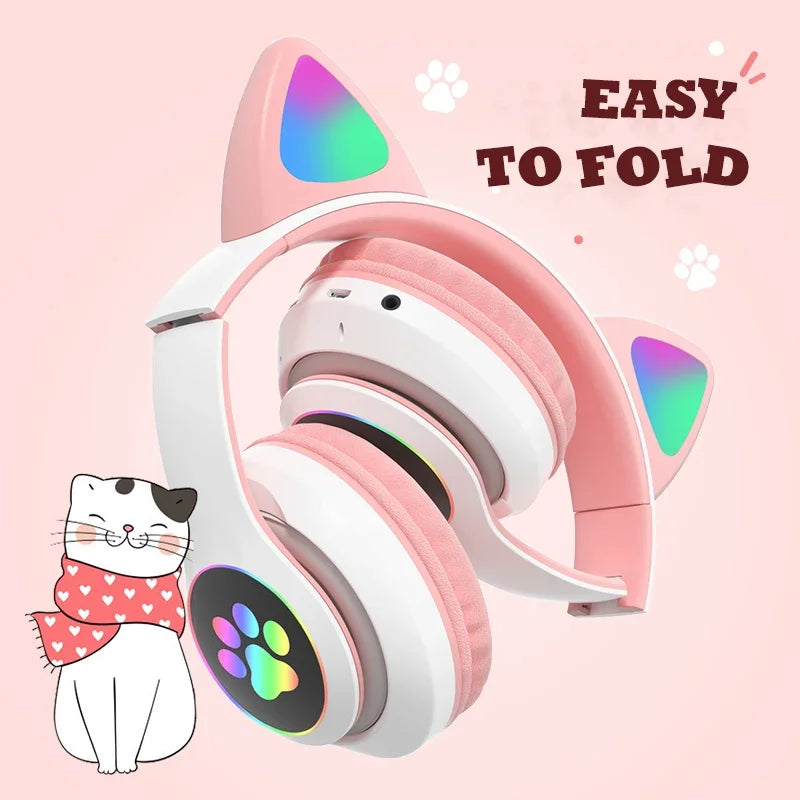 5.0 Bluetooth Headphones JST-28 Cat Ear Cute Series Wireless Led Flash Light Glowing Cat Headphones Stereo Sound Quality