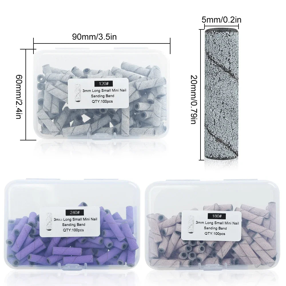 100Pcs 3mm Mini Nail Sanding Bands Remove Dead Skin Cuticle Polishing Sand Ring Set Manicure Tools，Two Size，12. 5mm/20mm Length