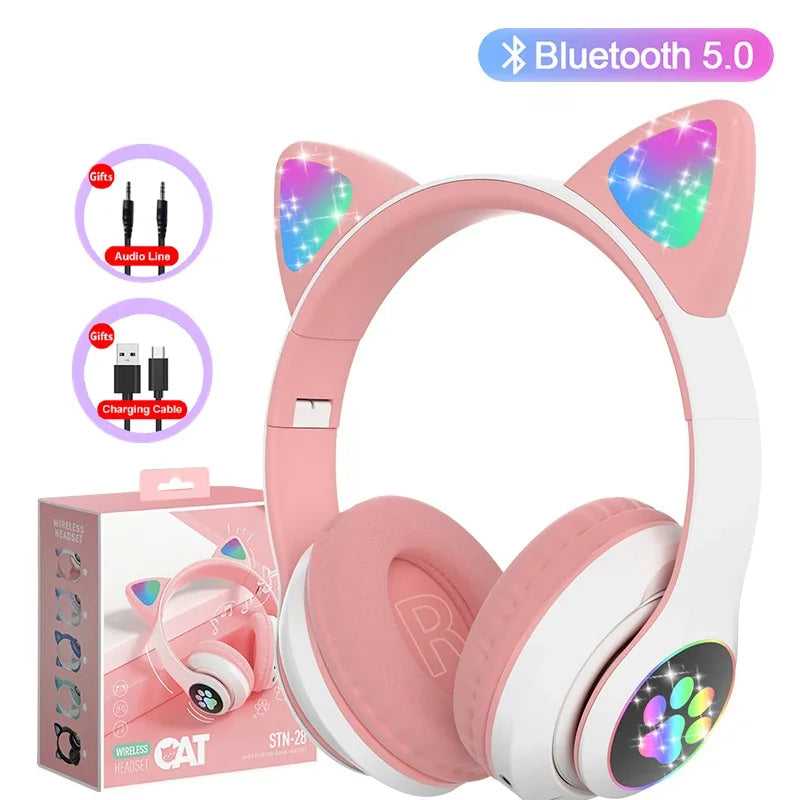 5.0 Bluetooth Headphones JST-28 Cat Ear Cute Series Wireless Led Flash Light Glowing Cat Headphones Stereo Sound Quality