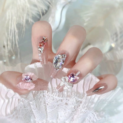 24pcs New Year Heavy Metal Press on Nails Chinese Bride Wedding Fake Nails Full Cover Wearable Shiny Large Crystal False Nails