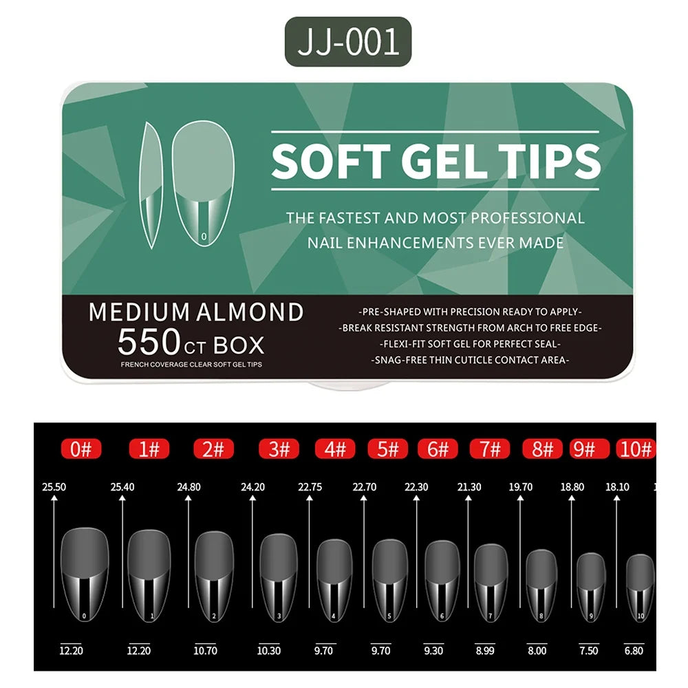 550pcs of full cover Soft Gel Nail Tips previously sanded - Long/Medium/Short Almond, Stiletto, OVAL, and Coffin shape. Perfect for professional nail extensions, self nails and press on nails.