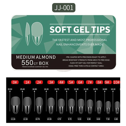 550pcs of full cover Soft Gel Nail Tips previously sanded - Long/Medium/Short Almond, Stiletto, OVAL, and Coffin shape. Perfect for professional nail extensions, self nails and press on nails.