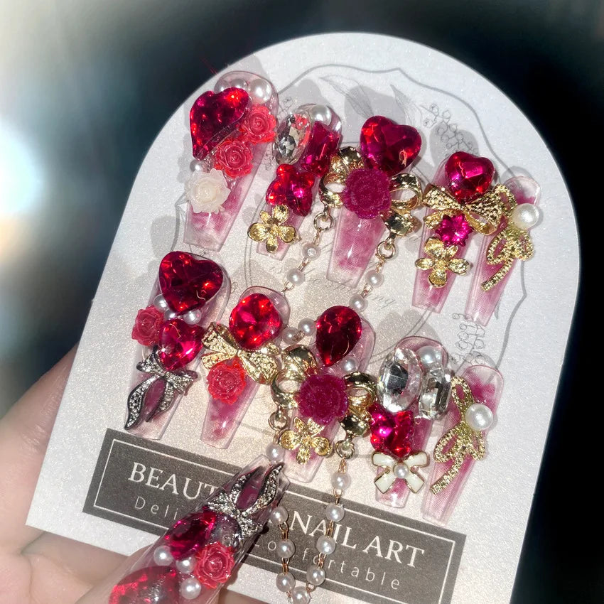 24pcs New Year Heavy Metal Press on Nails Chinese Bride Wedding Fake Nails Full Cover Wearable Shiny Large Crystal False Nails