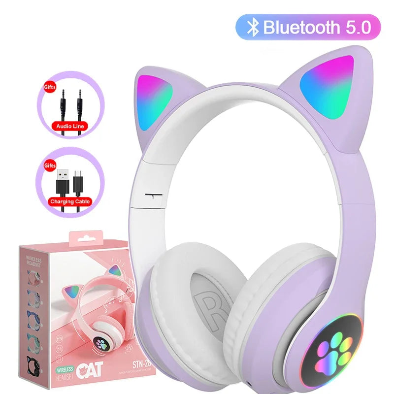 5.0 Bluetooth Headphones JST-28 Cat Ear Cute Series Wireless Led Flash Light Glowing Cat Headphones Stereo Sound Quality