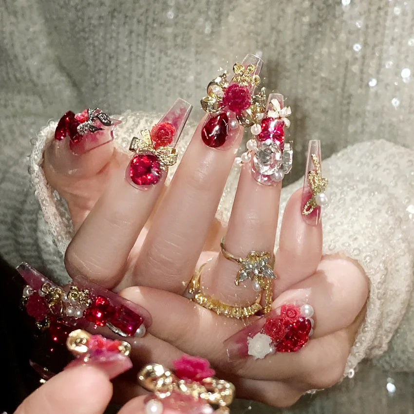 24pcs New Year Heavy Metal Press on Nails Chinese Bride Wedding Fake Nails Full Cover Wearable Shiny Large Crystal False Nails