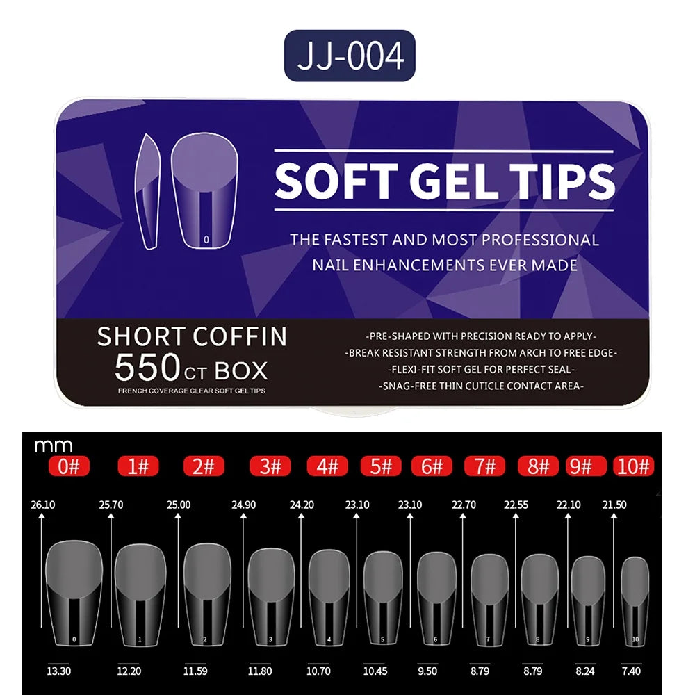 550pcs of full cover Soft Gel Nail Tips previously sanded - Long/Medium/Short Almond, Stiletto, OVAL, and Coffin shape. Perfect for professional nail extensions, self nails and press on nails.