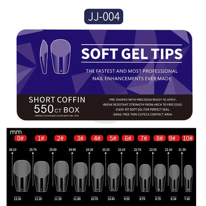 550pcs of full cover Soft Gel Nail Tips previously sanded - Long/Medium/Short Almond, Stiletto, OVAL, and Coffin shape. Perfect for professional nail extensions, self nails and press on nails.