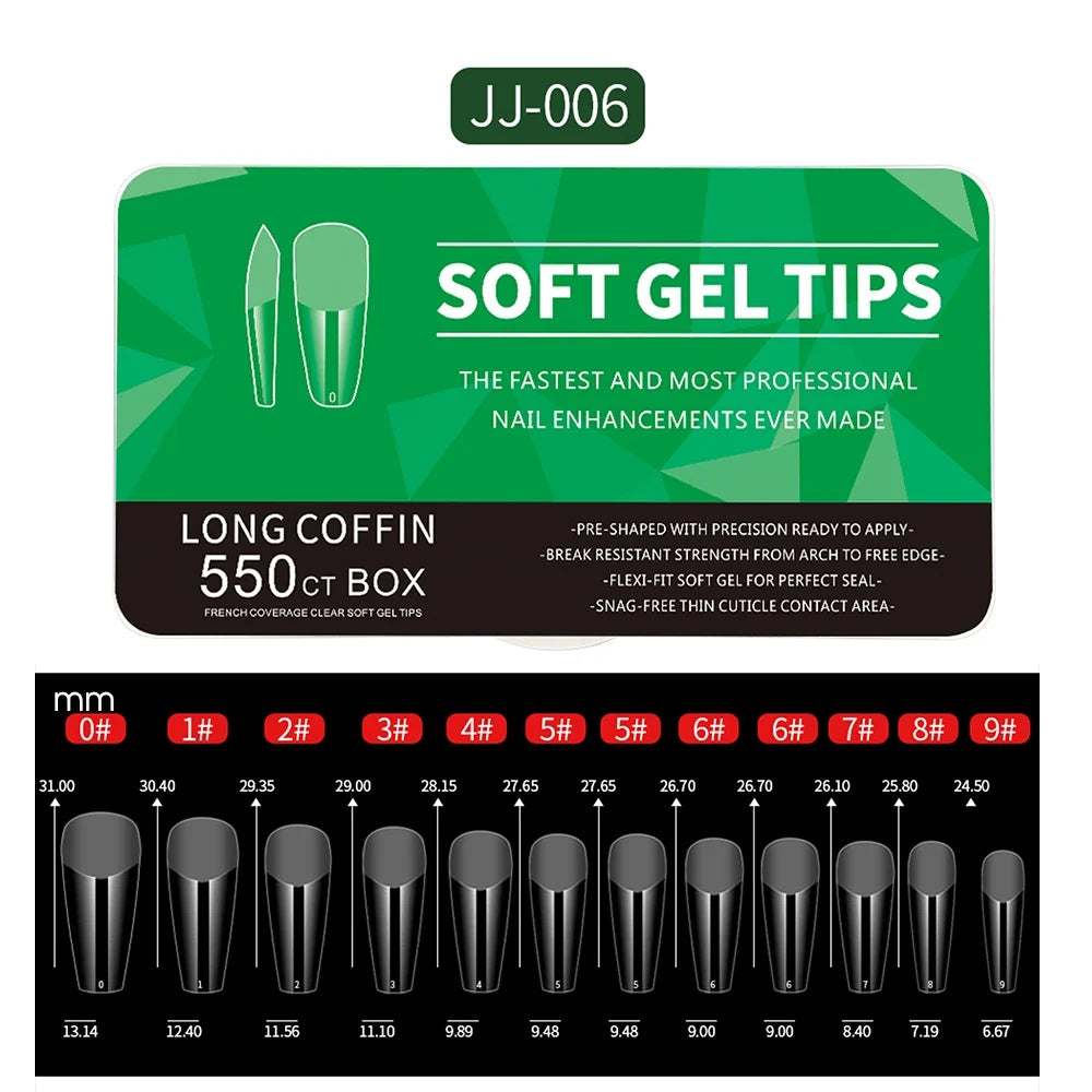 550pcs of full cover Soft Gel Nail Tips previously sanded - Long/Medium/Short Almond, Stiletto, OVAL, and Coffin shape. Perfect for professional nail extensions, self nails and press on nails.