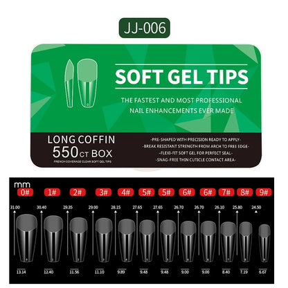 550pcs of full cover Soft Gel Nail Tips previously sanded - Long/Medium/Short Almond, Stiletto, OVAL, and Coffin shape. Perfect for professional nail extensions, self nails and press on nails.