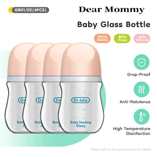 4PCS Newborn Glass Bottles 90/160ML Anti-Choke Baby Bottle Anti-flatulence Milk Feeding Bottles Infant BPA Free 0-6Month