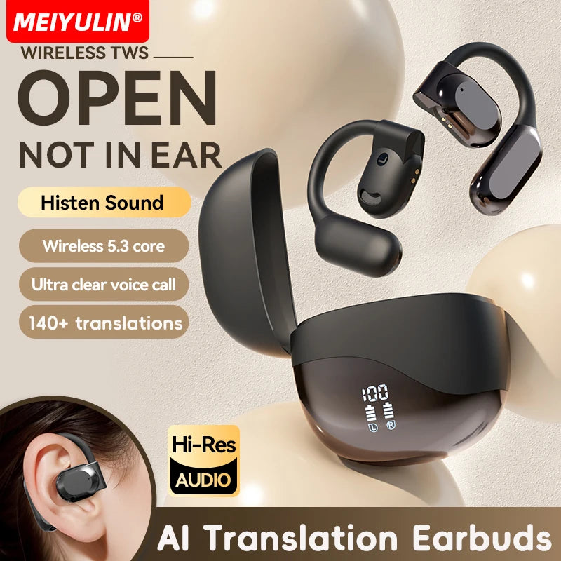 AI Translator Earbuds Wireless BT Real Time Translators Headphones Two-Way Instant Voice Translator Ear Hook for Business Travel