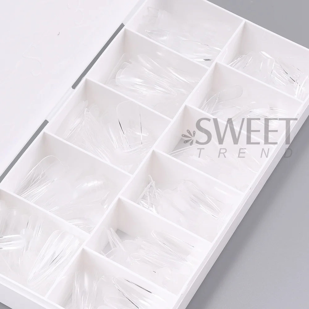 550pcs of full cover Soft Gel Nail Tips previously sanded - Long/Medium/Short Almond, Stiletto, OVAL, and Coffin shape. Perfect for professional nail extensions, self nails and press on nails.