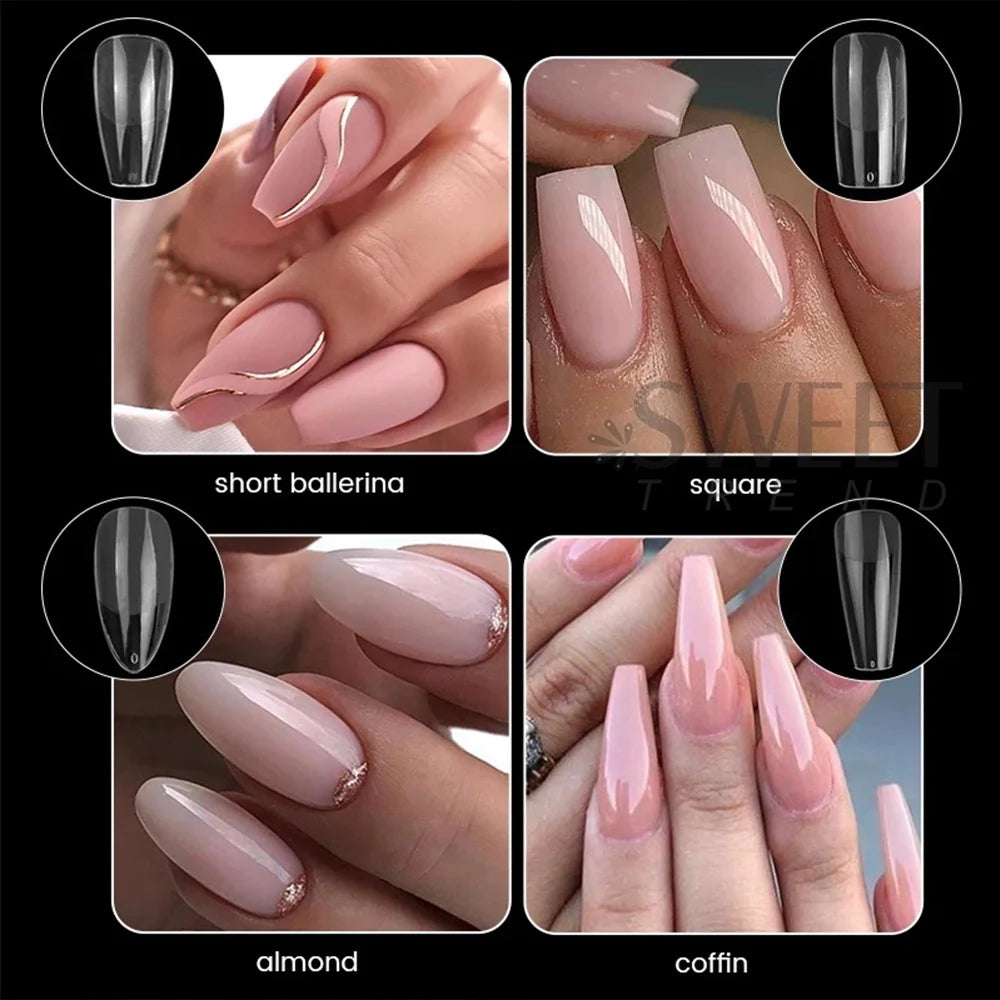 550pcs of full cover Soft Gel Nail Tips previously sanded - Long/Medium/Short Almond, Stiletto, OVAL, and Coffin shape. Perfect for professional nail extensions, self nails and press on nails.
