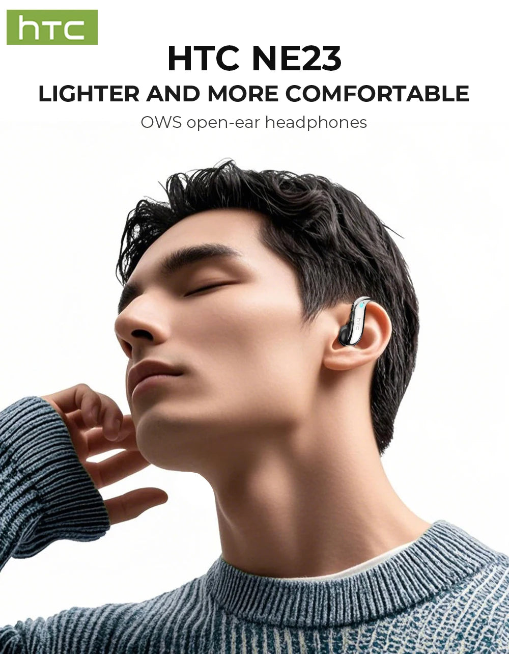 HTC NE23 Earphones Bluetooth V6.0 Open-Ear Wireless Headphones AI Translator Earbuds HD Call Sleek Thin lightweight Earhook