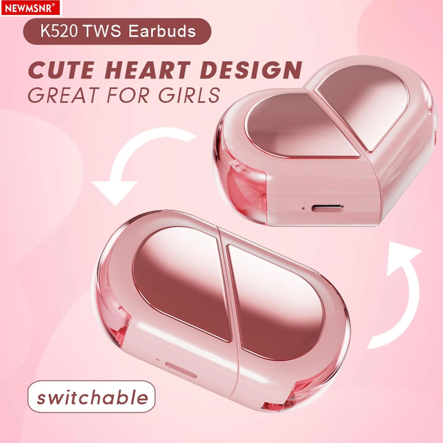 Heart-shaped Rotatable Wireless Bluetooth Earphones HIFI Sound, Touch Control, for gaming, music, calls and others.