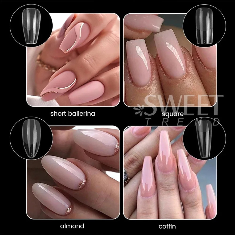 550pcs of full cover Soft Gel Nail Tips previously sanded - Long/Medium/Short Almond, Stiletto, OVAL, and Coffin shape. Perfect for professional nail extensions, self nails and press on nails.