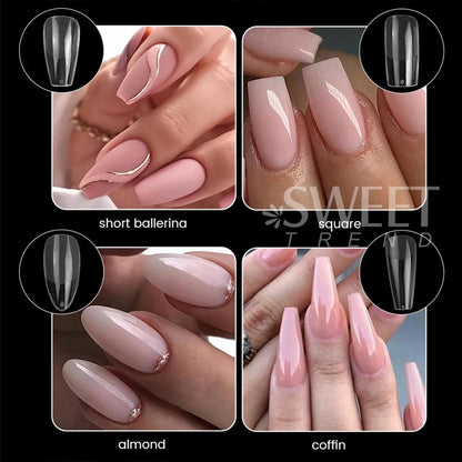 550pcs of full cover Soft Gel Nail Tips previously sanded - Long/Medium/Short Almond, Stiletto, OVAL, and Coffin shape. Perfect for professional nail extensions, self nails and press on nails.