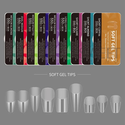 550pcs of full cover Soft Gel Nail Tips previously sanded - Long/Medium/Short Almond, Stiletto, OVAL, and Coffin shape. Perfect for professional nail extensions, self nails and press on nails.