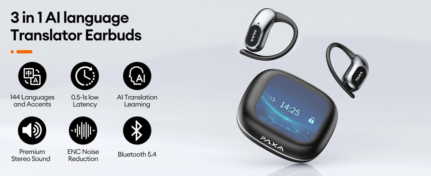 PAXA OpenAirUltra AI Translation Real Time 3-in-1 Translator Earbuds 145 Languages & Accents Bluetooth 5.4 Translating Earphones