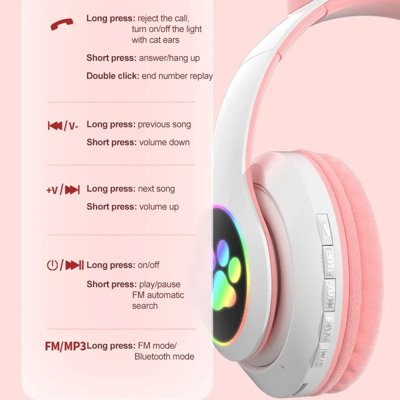5.0 Bluetooth Headphones JST-28 Cat Ear Cute Series Wireless Led Flash Light Glowing Cat Headphones Stereo Sound Quality