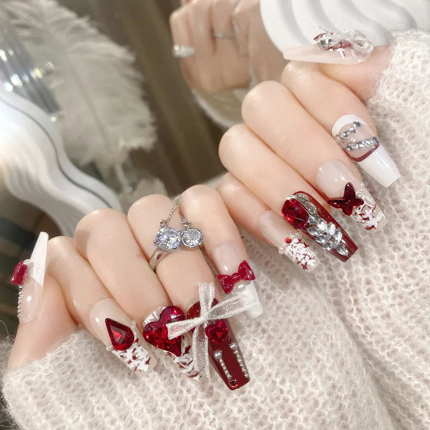 24pcs New Year Heavy Metal Press on Nails Chinese Bride Wedding Fake Nails Full Cover Wearable Shiny Large Crystal False Nails
