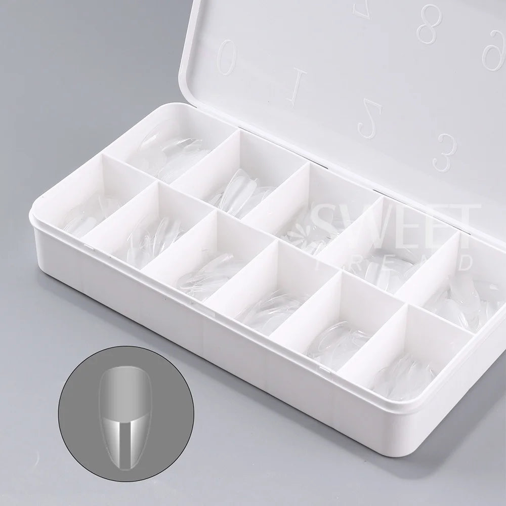 550pcs of full cover Soft Gel Nail Tips previously sanded - Long/Medium/Short Almond, Stiletto, OVAL, and Coffin shape. Perfect for professional nail extensions, self nails and press on nails.