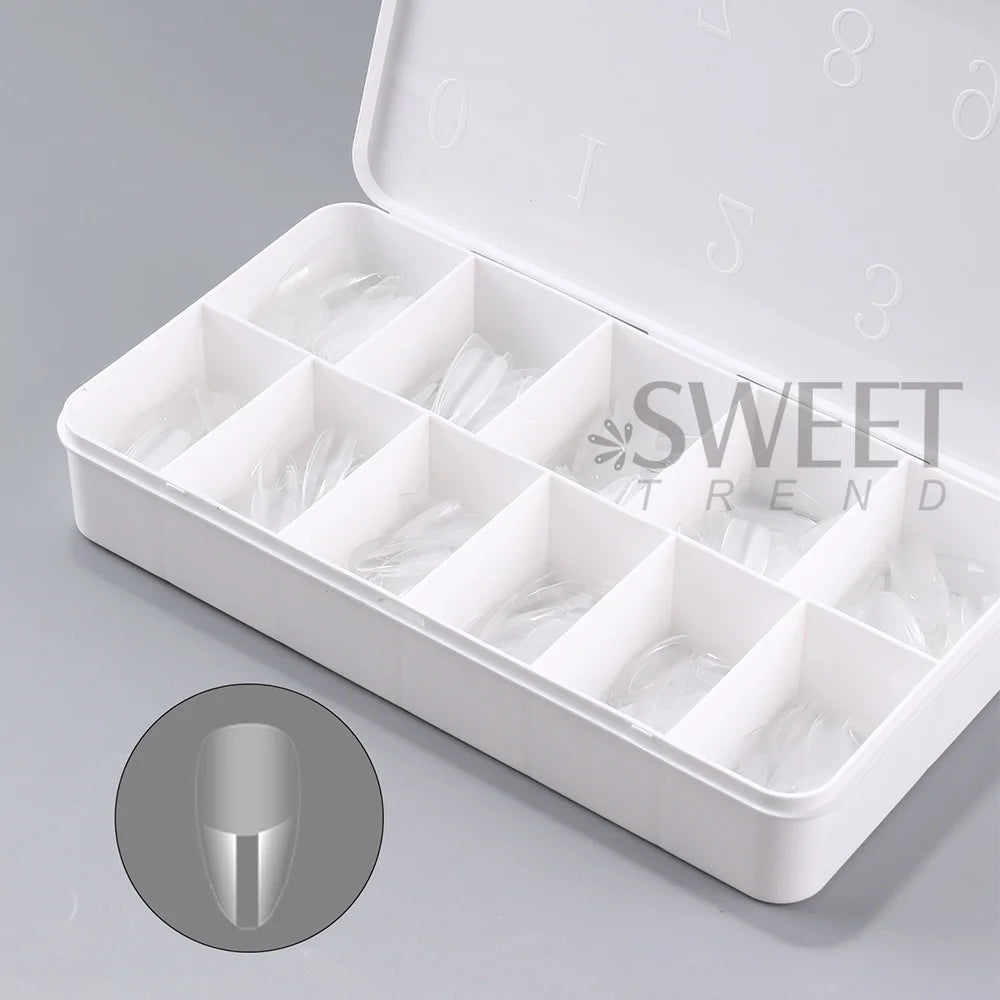 550pcs of full cover Soft Gel Nail Tips previously sanded - Long/Medium/Short Almond, Stiletto, OVAL, and Coffin shape. Perfect for professional nail extensions, self nails and press on nails.