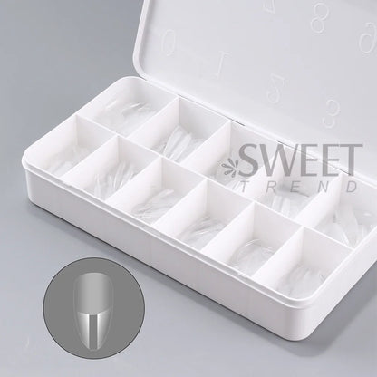 550pcs of full cover Soft Gel Nail Tips previously sanded - Long/Medium/Short Almond, Stiletto, OVAL, and Coffin shape. Perfect for professional nail extensions, self nails and press on nails.