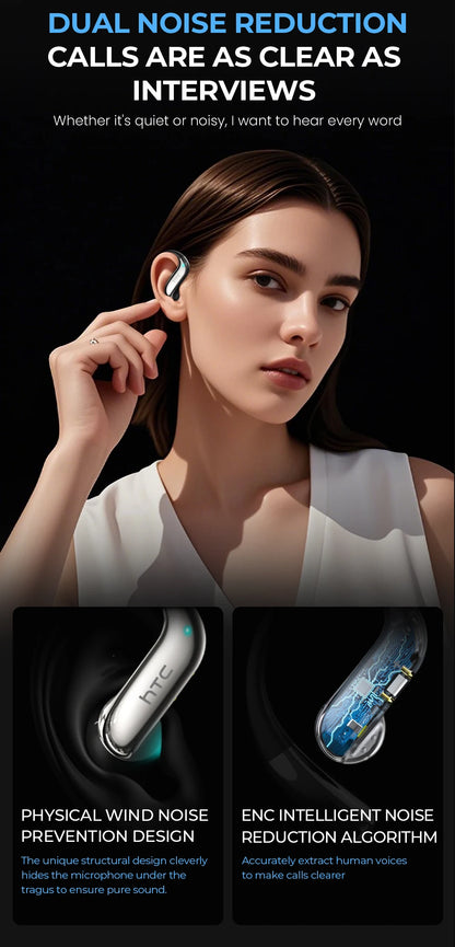 HTC NE23 Earphones Bluetooth V6.0 Open-Ear Wireless Headphones AI Translator Earbuds HD Call Sleek Thin lightweight Earhook