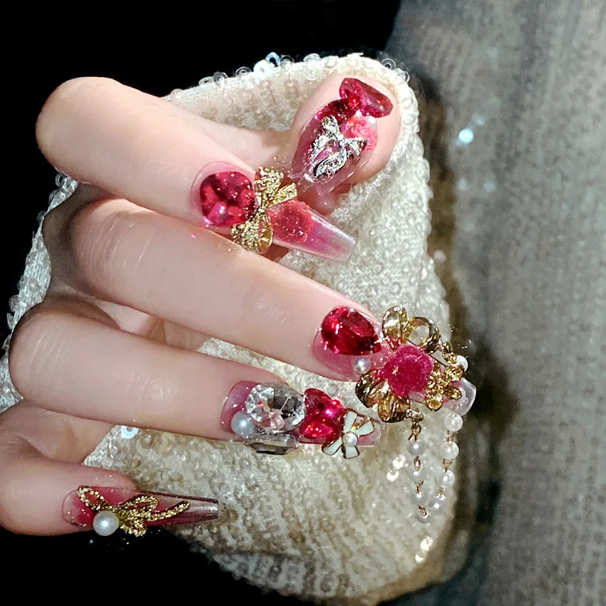 24pcs New Year Heavy Metal Press on Nails Chinese Bride Wedding Fake Nails Full Cover Wearable Shiny Large Crystal False Nails
