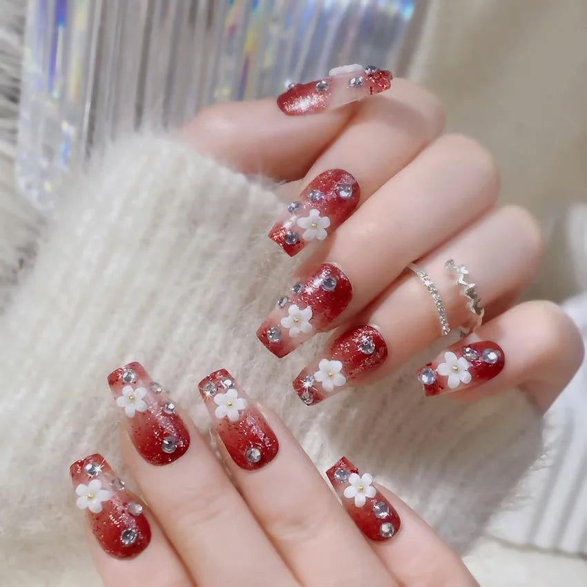 24pcs New Year Heavy Metal Press on Nails Chinese Bride Wedding Fake Nails Full Cover Wearable Shiny Large Crystal False Nails