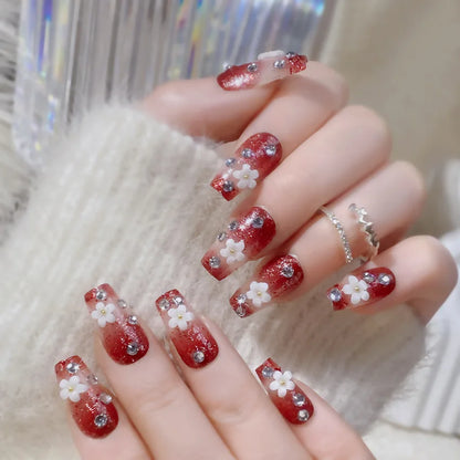 24pcs New Year Heavy Metal Press on Nails Chinese Bride Wedding Fake Nails Full Cover Wearable Shiny Large Crystal False Nails