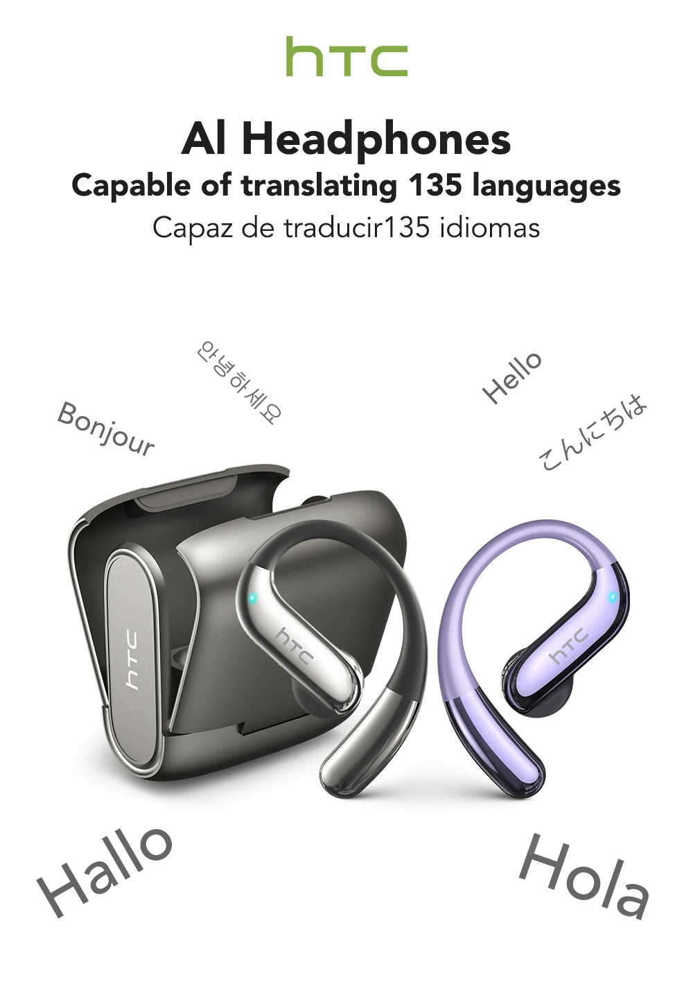 HTC NE23 Earphones Bluetooth V6.0 Open-Ear Wireless Headphones AI Translator Earbuds HD Call Sleek Thin lightweight Earhook