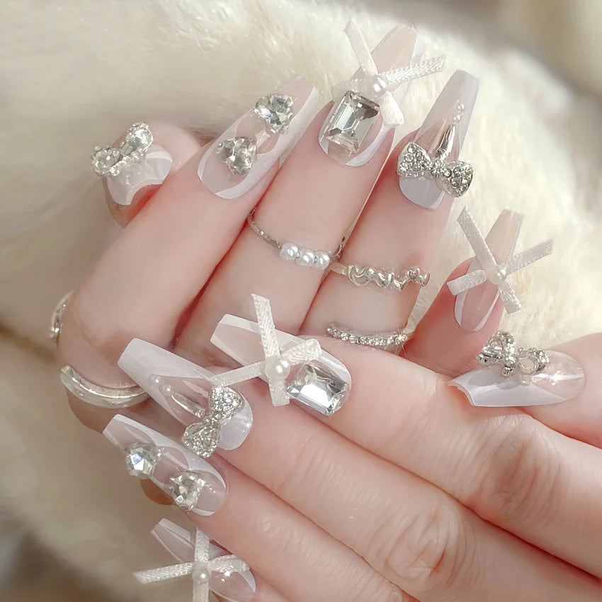 24pcs New Year Heavy Metal Press on Nails Chinese Bride Wedding Fake Nails Full Cover Wearable Shiny Large Crystal False Nails