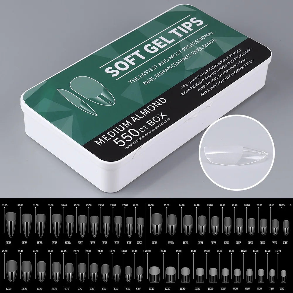 550pcs of full cover Soft Gel Nail Tips previously sanded - Long/Medium/Short Almond, Stiletto, OVAL, and Coffin shape. Perfect for professional nail extensions, self nails and press on nails.