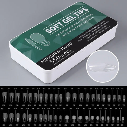 550pcs of full cover Soft Gel Nail Tips previously sanded - Long/Medium/Short Almond, Stiletto, OVAL, and Coffin shape. Perfect for professional nail extensions, self nails and press on nails.