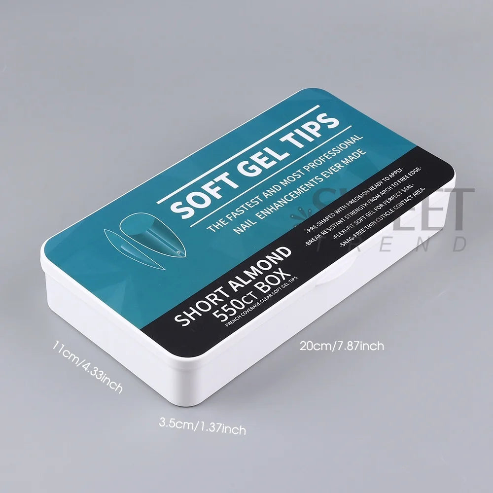 550pcs of full cover Soft Gel Nail Tips previously sanded - Long/Medium/Short Almond, Stiletto, OVAL, and Coffin shape. Perfect for professional nail extensions, self nails and press on nails.
