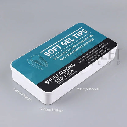 550pcs of full cover Soft Gel Nail Tips previously sanded - Long/Medium/Short Almond, Stiletto, OVAL, and Coffin shape. Perfect for professional nail extensions, self nails and press on nails.
