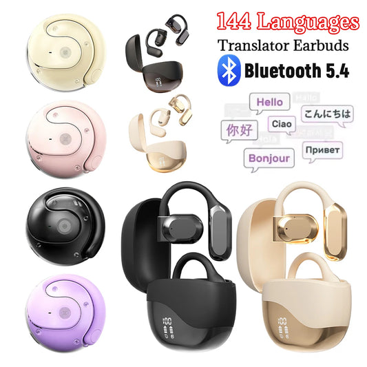AI Translator Earbuds Bluetooth 5.4 Noise Cancelling Two-Way Voice Translator Ear Hook 144 Languages Translation Earphones