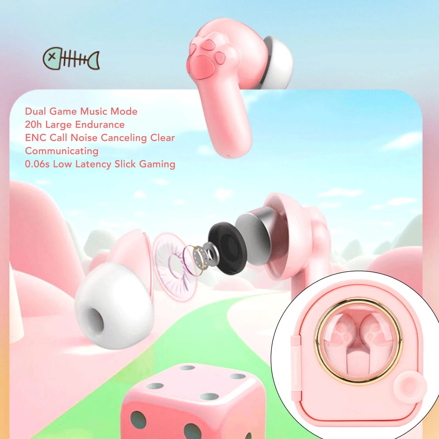 Bluetooth Earphones Ergonomic Cute High Sensitivity Microphone Music Earphones Cat Claw for Girls