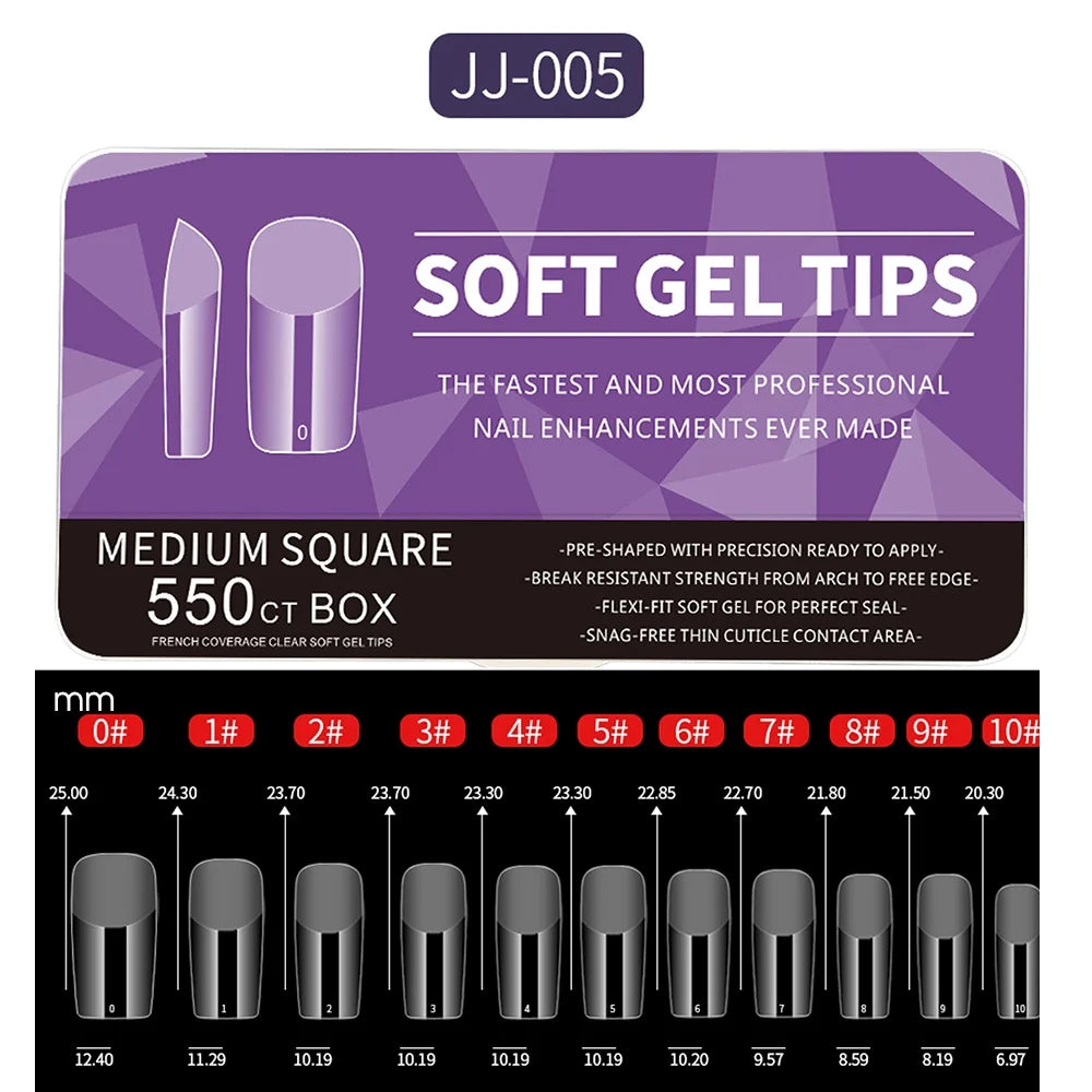 550pcs of full cover Soft Gel Nail Tips previously sanded - Long/Medium/Short Almond, Stiletto, OVAL, and Coffin shape. Perfect for professional nail extensions, self nails and press on nails.