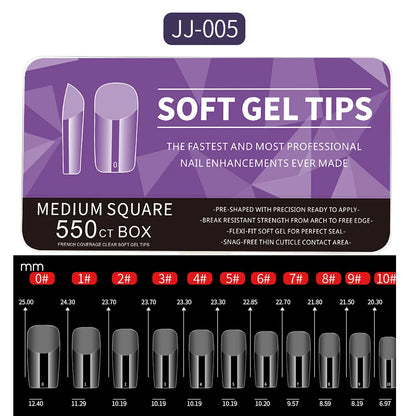 550pcs of full cover Soft Gel Nail Tips previously sanded - Long/Medium/Short Almond, Stiletto, OVAL, and Coffin shape. Perfect for professional nail extensions, self nails and press on nails.