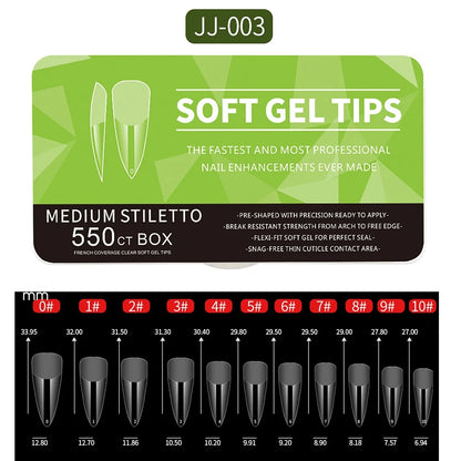 550pcs of full cover Soft Gel Nail Tips previously sanded - Long/Medium/Short Almond, Stiletto, OVAL, and Coffin shape. Perfect for professional nail extensions, self nails and press on nails.