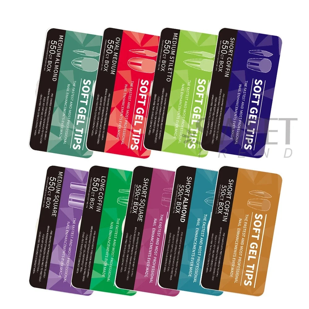 550pcs of full cover Soft Gel Nail Tips previously sanded - Long/Medium/Short Almond, Stiletto, OVAL, and Coffin shape. Perfect for professional nail extensions, self nails and press on nails.