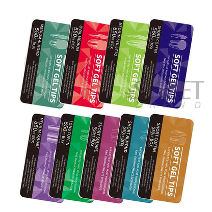550pcs of full cover Soft Gel Nail Tips previously sanded - Long/Medium/Short Almond, Stiletto, OVAL, and Coffin shape. Perfect for professional nail extensions, self nails and press on nails.