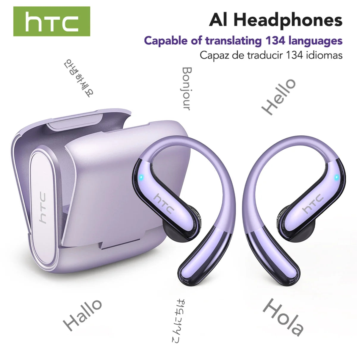 HTC NE23 Earphones Bluetooth V6.0 Open-Ear Wireless Headphones AI Translator Earbuds HD Call Sleek Thin lightweight Earhook