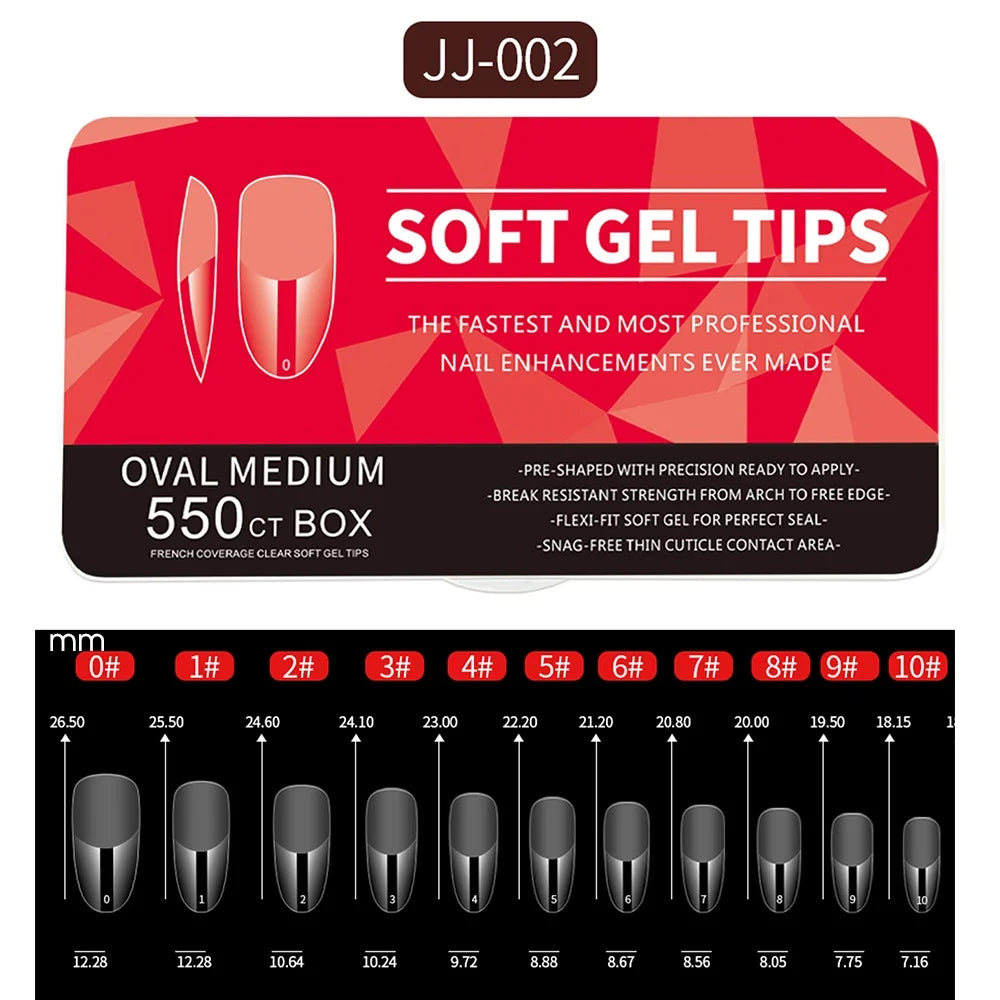 550pcs of full cover Soft Gel Nail Tips previously sanded - Long/Medium/Short Almond, Stiletto, OVAL, and Coffin shape. Perfect for professional nail extensions, self nails and press on nails.