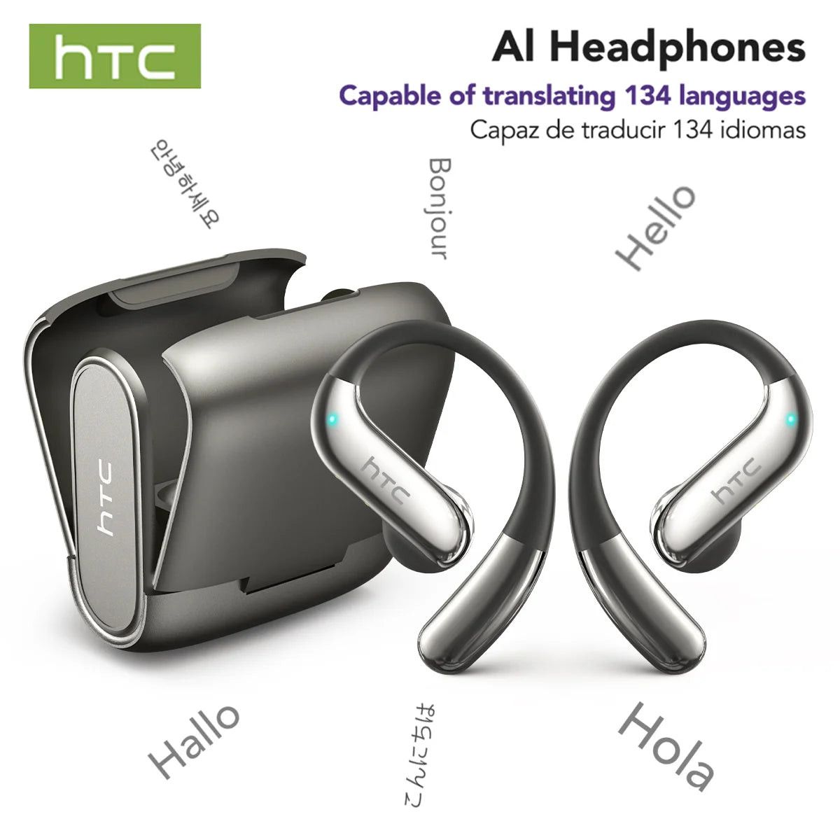 HTC NE23 Earphones Bluetooth V6.0 Open-Ear Wireless Headphones AI Translator Earbuds HD Call Sleek Thin lightweight Earhook